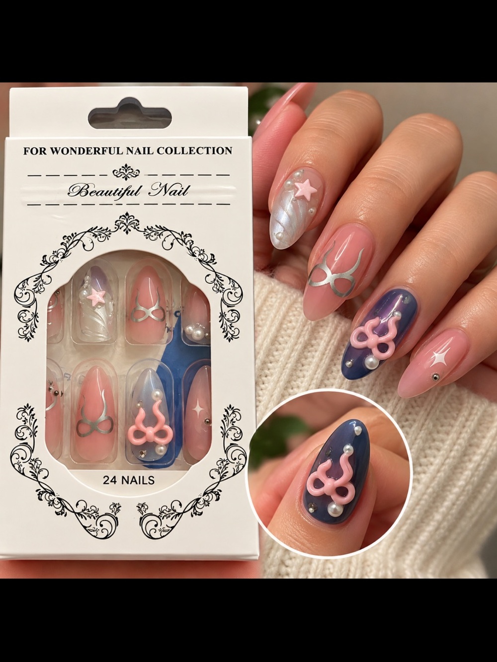 24-Piece Pink/White Press-On Nails – 3D Nail Art Design – NEW